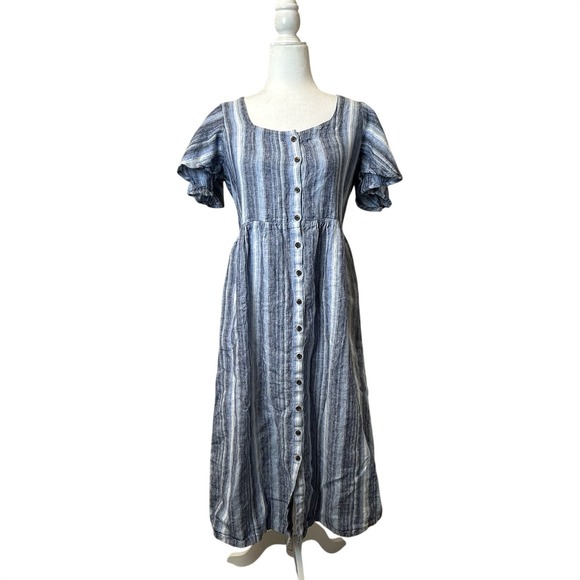 Lands End Blue Striped 100% Linen Scoop Neck Maxi Dress Size Small (6-8) - Picture 2 of 9
